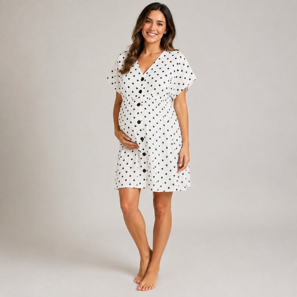 ASOS Maternity Nursing Shirt Dress Sz 8 Black White Polka Dot Button Front NWT